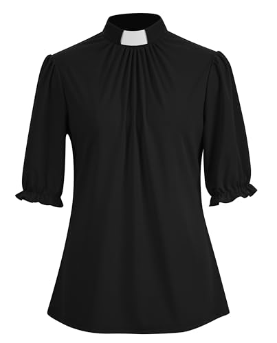 Black Half Sleeve Church Shirt Clergy Tab Insert Collar Ruffle Sleeve Priestess Shirt