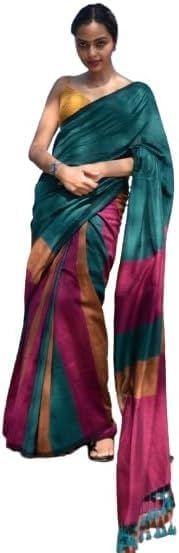 Women's Designer Multicolor Soft Cotton Indian Handloom Khadi Ethnic Saree With Tassels Unstitched Blouse Piece