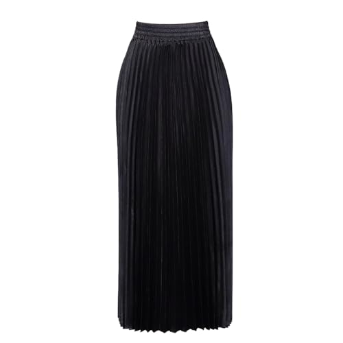 ebossy Women's High Waist Pleated Metallic Shiny Accordion Skirt Elegant A Line Swing Party Maxi Skirts