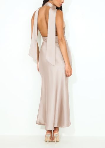Image of 2026 Women's Satin Halter Deep V Neck Wedding Guest Maxi Dresses