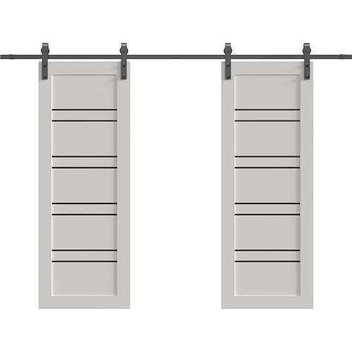 Image of Sartodoors Sliding Interior Door 1094 Double Barn Doors White with Black Opaque Glass Solid MDF Modern Design 36 x 84 in