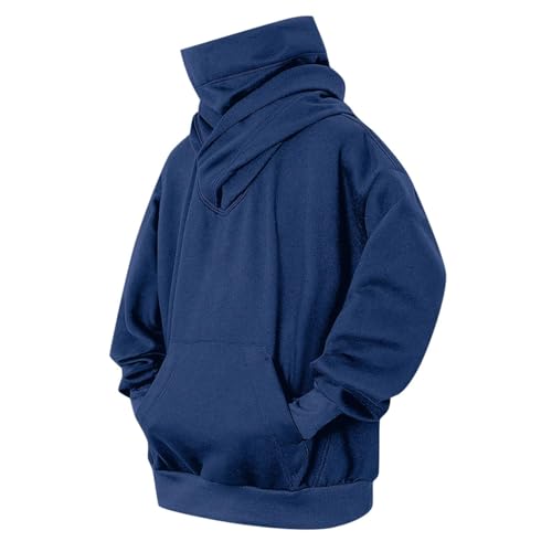 Fleece Hoodies for Men, Cowl Neck Sweatshirts Casual Long Sleeve Pullover Fall Winter Warm Loose Fit Solid Tops