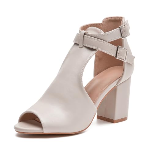 Image of Women's Peep Toe Sandals Side Cutout Chunky high Heel Adjustable Buckle | Summer booties, dressy, breathable, stacked, wide footbed, non-slip, ankle strap, all-day comfort, for parties, casual, work