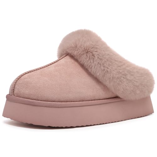 Litfun Fuzzy Platform Slippers for Women Comfy Winter House Shoes With Memory Foam Indoor Outdoor, Platform Pink 44-45