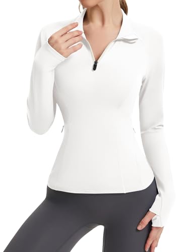 LUYAA Blusa feminina de treino de manga comprida com zíper quater, jaqueta atlética de corrida com b