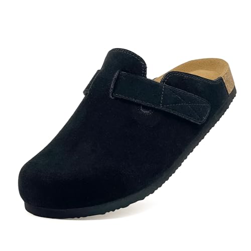 Image of Kids Suede Clogs Boys Girls Sandals Leather Mules Cork Footbed Slippers with Arch Support Comfort Slip On Slippers Classic Adjustable