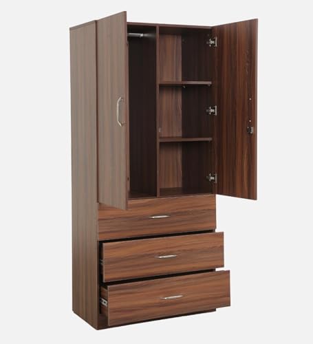 Image of Mintwud Pepperfry Engineered Wood Wardrobe with 2 Doors, 3 Drawers Storage and 1 Hanging Rod | Wooden Almirah Cupboard for Clothes Storage Organizer for Living Room Home Furniture (Brown Finish)