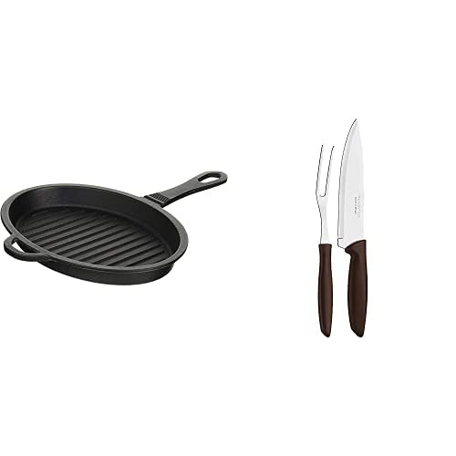 イシガキ産業 鉄鋳物 スキレット オーバル ブラック 34.5×27×2.8cm フライパン IH 対応 波型 3968 & トラモンティーナ カービングフォーク & ナイフ 食洗機対応 23498/410