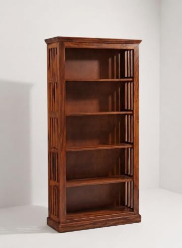 Image of Solid Sheesham Wood Bookshelf with Wooden Fanti Design and 5 Shelf Open | Wooden Bookcase Storage Rack for Living Room, Study Room & Office -Honey Finish