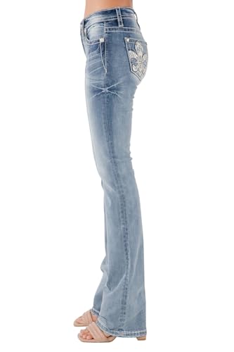 Miss Me Women's Shelly Fleur De Lis Embellished Pockets Mid-Rise Slim Bootcut Jeans3