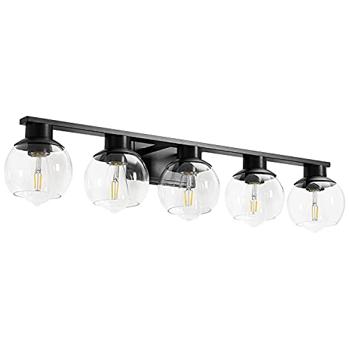 5-Lights Black Bathroom Vanity Lights, Modern Bathroom Lighting Fixtures with Globe Glass Shade, 37in Matte Black Wall lamp for Bath Over Mirror Kitchen Cabinet Bedroom Hallway Living Room Farmhouse by PAZALA - Used condition - US$37.20