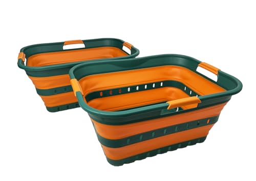 Image of SAMMART 42L (11 gallons) Set of 2 Plastic Foldable Storage Basket /Container - Collapsible, Space Saving and Portable Laundry Hamper, Ideal for Home, Travel, Dorm (2, Teal Green /Autumn leaf)