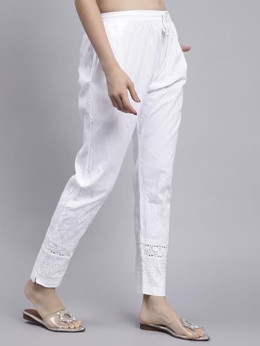 Image of Seva Chikan Hand Embroidered Lucknowi Chikankari White Lycra Trouser Palazzo Pant for Women SCL11029
