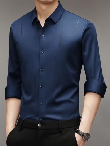 Image of IndoPrimo Men's Regular Fit Satin Designer Shirt with Stylish Vertical Line Sequence | Long Sleeve Formal & Casual Button Down Shirt for Casual and Party Look
