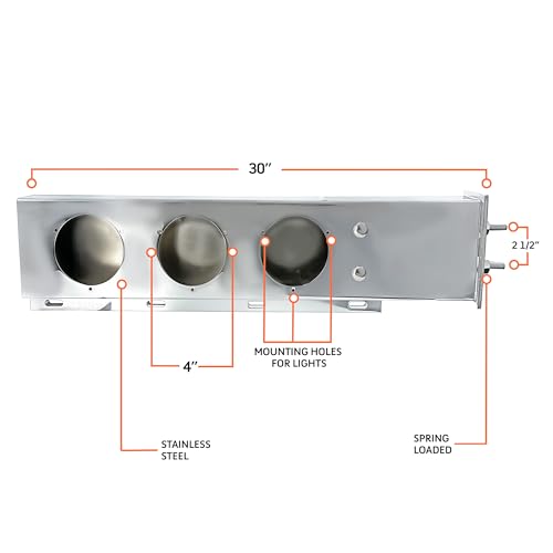 Image of TORQUE Mud Flap Hanger for Semi Trucks 2-1 /2 inch Bolt Spacing 30 inch Chrome, 4 inch Light Cutouts, Lights NOT Included, Spring Loaded, Straight, Right Left Included (TRMFH308)