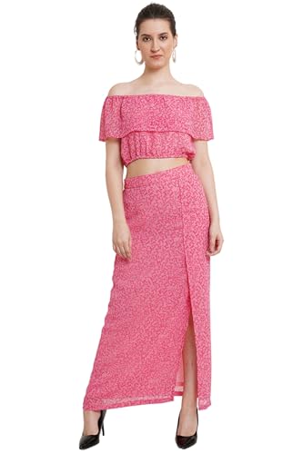 Image of POPWINGS Casual Bagru Printed Cotton Top and Skirt Set for Women || Pom Pom Top and Long Slit Skirt Set for Women || Two Piece Women Set for Summer