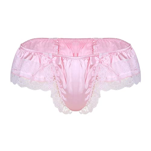 vastwit Men's Sissy Frilly Ruffled Lace Trim Crossdress Underwear Girly Maid G-String Thongs Briefs Panties Pink X-Large