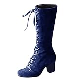 Faux Suede Mid-Calf Height Boot for Women, Casual Lace up Chunky High Heels Booties Winter Warm Vintage Gothic Boots Shoes