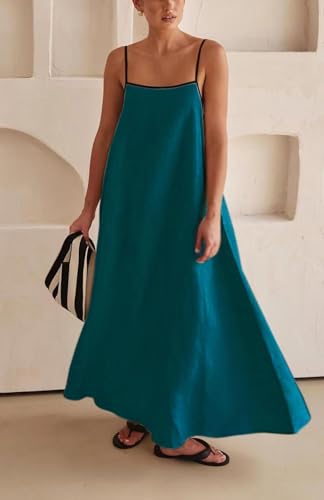 Image of Womens Summer Linen Maxi Dress Contrast Trim Spaghetti Straps Backless Sleeveless Long Flowy Dresses