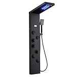 MEANTT LED Lights Shower Panel Tower - Waterfall Rainfall Shower Panel Tower System with 4 Body Jets - 5-in-1 Multifunction Shower Column - Matte Black Stainless Steel Shower Tower with Handheld