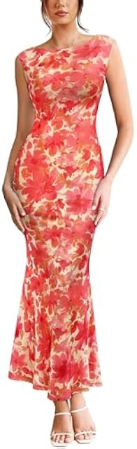 Womens Boat Neck Formal Bodycon Maxi Sleeveless Slim Fitted Wedding Guest Long Cocktail Mermaid Dress
