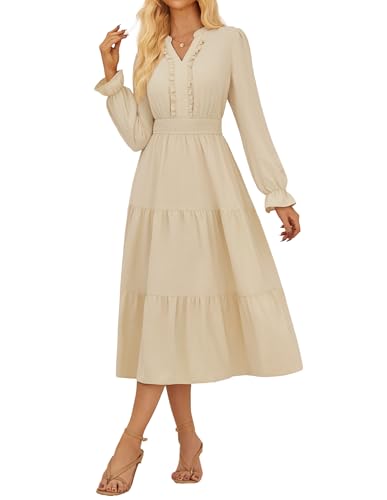 Damen Vintage Kleid Elegant Hohe Taille V Ausschnitt mit Rüschen Lang Kleid XXL Aprikose