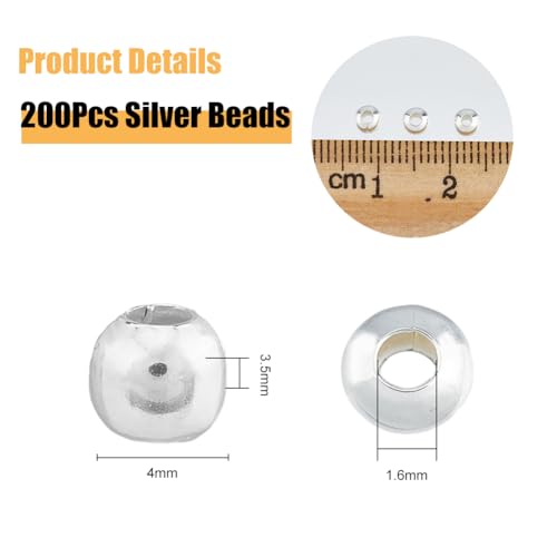DICOSMETIC 200Pcs 925 Silver Plated 4mm Round Beads Smooth Round Brass Beads Metal Loose Beads Ball Spacer Beads for Jewelry Making DIY Crafts Hole: 1.6mm - Image 2