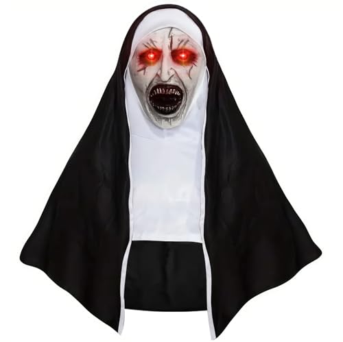 RDDAIPE Mascara la Monja, Mascara de la Monja Terror con Luz Roja, Mascara Latex Halloween, Adulto, Accesorios de Disfraz de Fiesta Cosplay de Halloween