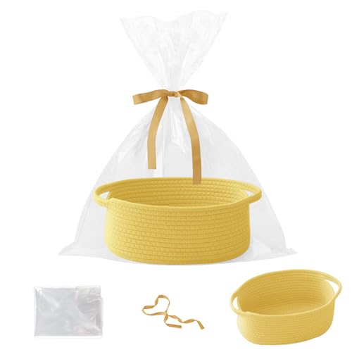 Image of Woven Rope Basket - Baby Gift Basket with Bag & Ribbon, Yellow