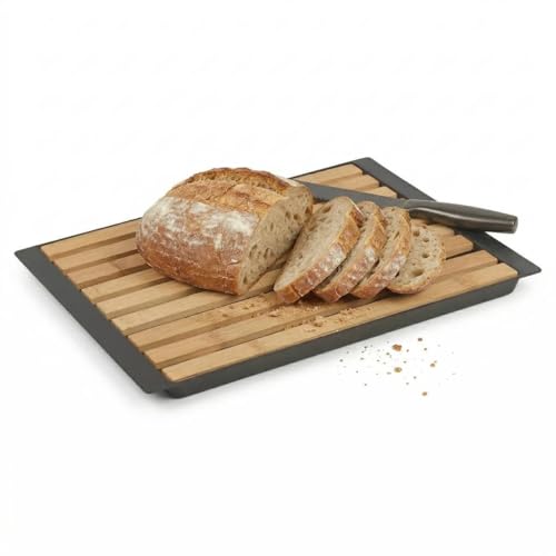 URBNLIVING Wooden Bamboo Bread Loaf Cutting Board with Removable Crumb Catcher Tray Slatted Design for Easy Slicing & Chopping