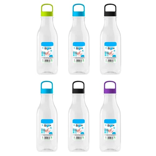 Acan Tradineur - Pack de 6 botellas de plástico con asa, modelo To Go, reutilizables y reciclables, agua, senderismo, camping, fabricadas en España - 500 ml - Color aleatorio