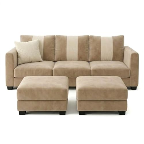 Image of Revo 5 Seater L Shape Sofa Set with 2 Movable Ottomans | Flexible Layout | Luxury Velvet Suede Fabric | Modern Living Room Sofa | Beige