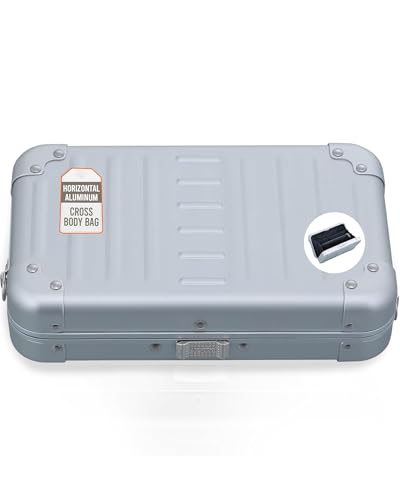 Image of Horizontal All Aluminum Crossbody Bag - Lightweight Compact Travel Case with Adjustable Strap, RF Blocking, Interior Pockets & Secure Clasp - Stylish Over-Shoulder Bag for Men & Women (Platinum)