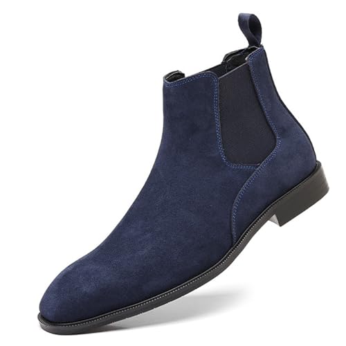 OXNGDMDM Men's Suede Chelsea Boots Cap Round Toe Low Heel Classic Side Elastic Band Slip On Comfortable Fashion Dress Ankle Boots for Work Business Daily Wear (Blue,12)