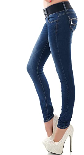 RED SEVENTY Damen Skinny Jeans Stretch Denim Hose mit Gürtel Gr. 32-40, Blau Wt140, 36 Cover