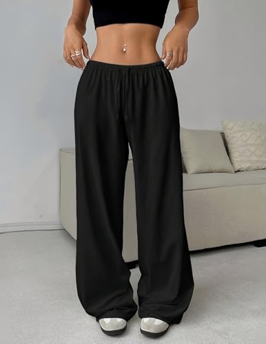 Women’s Solid Color Wide Leg Pants, Elastic Waist Drawstring Casual Trousers, Loose Fit Lounge Pants for Daily Wear