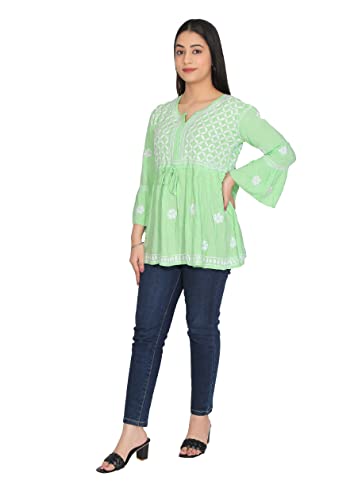 Image of FAWOMENT Women's Rayon Lucknowi Chikan Embroidered Short Frock Style Top - Designer Ethnic Wear with Bell Sleeves - Elegant & Comfortable Kurti for Daily, Festive & Casual Wear