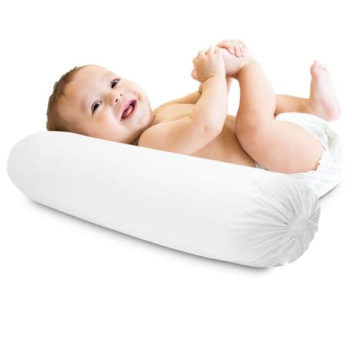 Bolster Roll Round Cot Bed Pillow (Pack of 2), 10 x 30 cm (4” x 12”) Filled with Soft Virgin Hollow Fiber Support Pillow, Hollowfibre Pillow For Stress Relief (White)