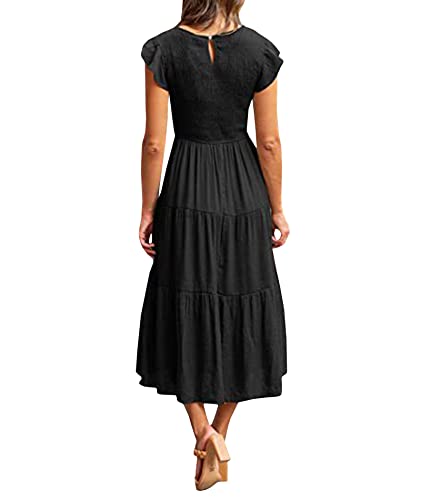 Image of Sexyshine Women's Square Neck Halter Lace Up Criss Cross Maxi Dress Tie Back Sleeveless Smocked Ruched A Line Dress