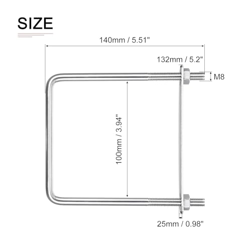 Image of DTGN M8x100x140mm(ThreadxWxL) Square U Bolt - 2Pack - Good for Trailer Pipe Replacement Parts - 304 Stainless Steel U Shape Bolts