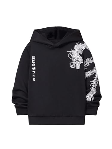 WDIRARA Boy's Dragon Letter Graphic Hoodie Long Sleeve Sweatshirt Hooded Pullovers Top