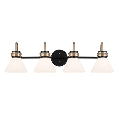 Image of Kichler Farum 34 inch 4-Light Bathroom Vanity Light Fixture with Opal Glass in Black, Modern Over Mirror Lighting for Single or Double Vanity, Powder Room (34 inch W x 9.5 inch H), 55156BK