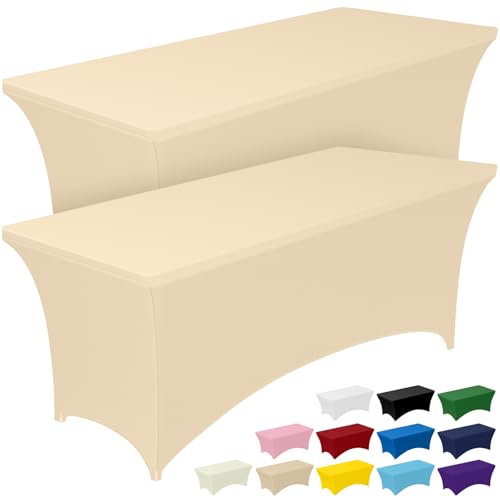 Image of Pureegg Spandex Tablecloth 6ft - 2 Pack, Fitted and Tight Cloth for Rectangle Table, Wrinkle-Free and Stretch Table Cover for Party, Wedding, Banquet and Birthday, Champagne