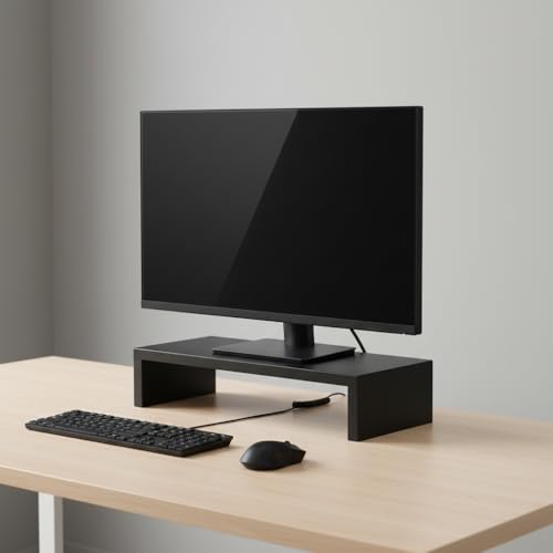 Image of flux Monitor Stand Wooden | Monitor Stand Riser | PC Stand For Desktop Table | Heavy Hold, Non Slip, Material: Particle Board Wooden Black
