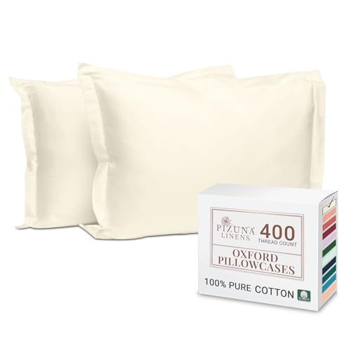 Pizuna 100% Cotton Standard Pillowcases 2 Pack Ivory 50x75cm, 400 Thread Count Long Staple Combed Cotton Soft Pillow Cover, Sateen Weave Oxford Pillow Cases (Cooling Pillowcase 2PC)