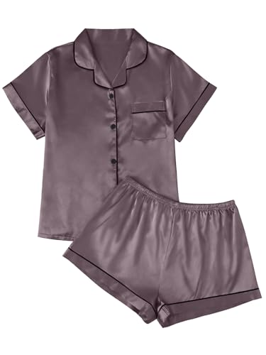 Image of LILLUSORY Silk Satin Pajama Set for Women 2 Piece Lounge Pjs Winter Matching Summer Sleepwear Button Down Shirt Shorts
