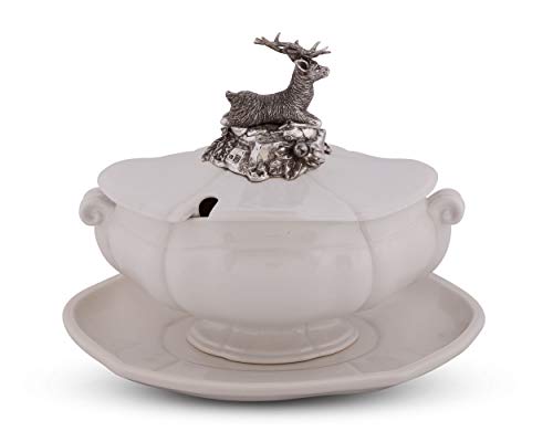 Vagabond House Pewter Metal Stag Forest Stoneware Soup Tureen 3 pieces Tureen/Lid/Tray 13\" Long x 9\" Wide - 13 Inches Long - Thumbnail 2