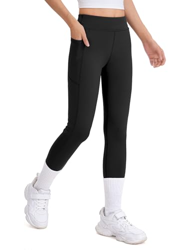 JOCMIC Girls Fleece Lined Leggings Athletic Winter Pants for Kids Warm High Waist Yoga Pant with Pockets
