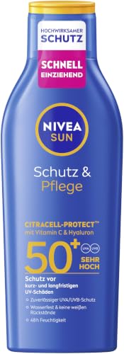 NIVEA SUN Schutz & Pflege Sonnenlotion LSF 50+, wasserfester Sonnenschutz mit Vitamin C & Hyaluron...