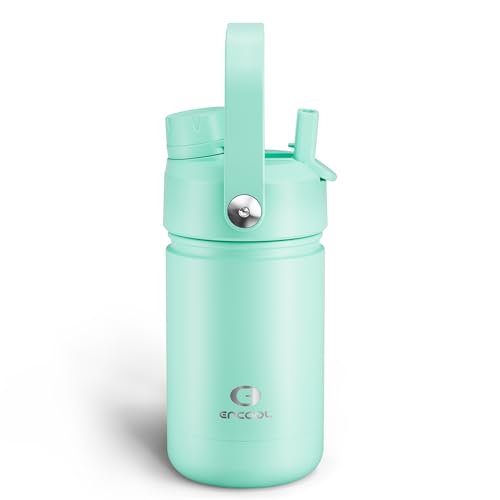 Image of Kids Insulated Water Bottle with Straw - 12oz Stainless Steel Water Bottle with Dual Spouts, Leak-Proof, BPA-Free, Double Wall Vacuum Keeps Cold for 24 Hours for Sports, Travel, School (Brook Green)
